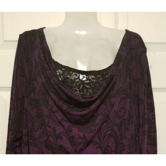 JMS Women's Top Shirt Size 2X Purple & Black Paisley Drape Neckline Lace Insert - Picture 2 of 4